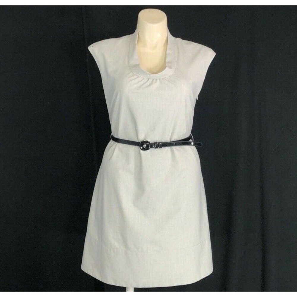 Antonio‎ Melani Dress 14 Gray Beige Cowl Neck Shift Black Belt Lined Business LN